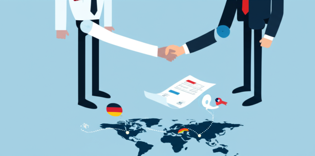 A professional vector illustration showing two diverse business professionals, each subtly representing a different country (e.g., one with a French flag pin, another with a German flag pin), shaking hands over a complex commercial contract. Below them, a simplified world map or dotted lines connect their respective countries, symbolizing a cross-border transaction. The image should convey the initial setup of an international agreement that inherently involves a 'foreign element.' Use a clean, corporate flat illustration style.