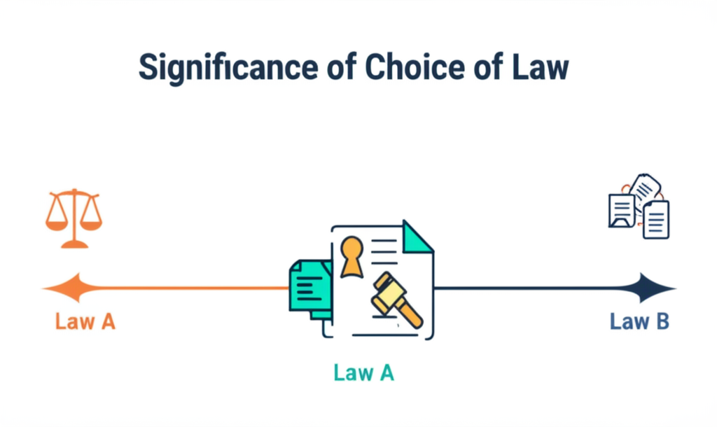 A conceptual infographic-style illustration demonstrating the 'Significance of Choice of Law.' Show a single legal dispute represented by a central icon (e.g., a broken handshake or a legal document). From this central point, two distinct paths diverge, each leading to a different outcome. One path shows a positive resolution (e.g., a balanced scale, successful contract), labeled 'Law A.' The other shows a different, potentially less favorable outcome (e.g., an unbalanced scale, a complex legal tangle), labeled 'Law B.' Use clear, contrasting colors and minimalist icons.
