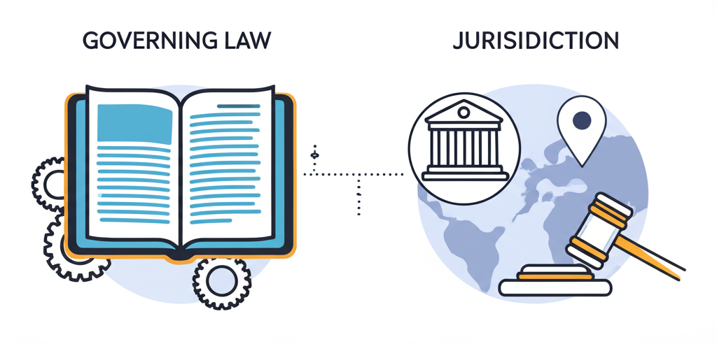 A clear, conceptual infographic illustrating the distinction between 'Governing Law' and 'Jurisdiction.' On one side, represent 'Governing Law' as an open legal textbook or a scroll with abstract legal text, surrounded by gears symbolizing interpretation. On the other side, represent 'Jurisdiction' as a stylized courthouse icon or a map pin over a world map, with a judge's gavel nearby. A subtle dotted line or a question mark should visually connect and separate them, emphasizing they can differ. The style should be modern flat illustration with a professional color palette.