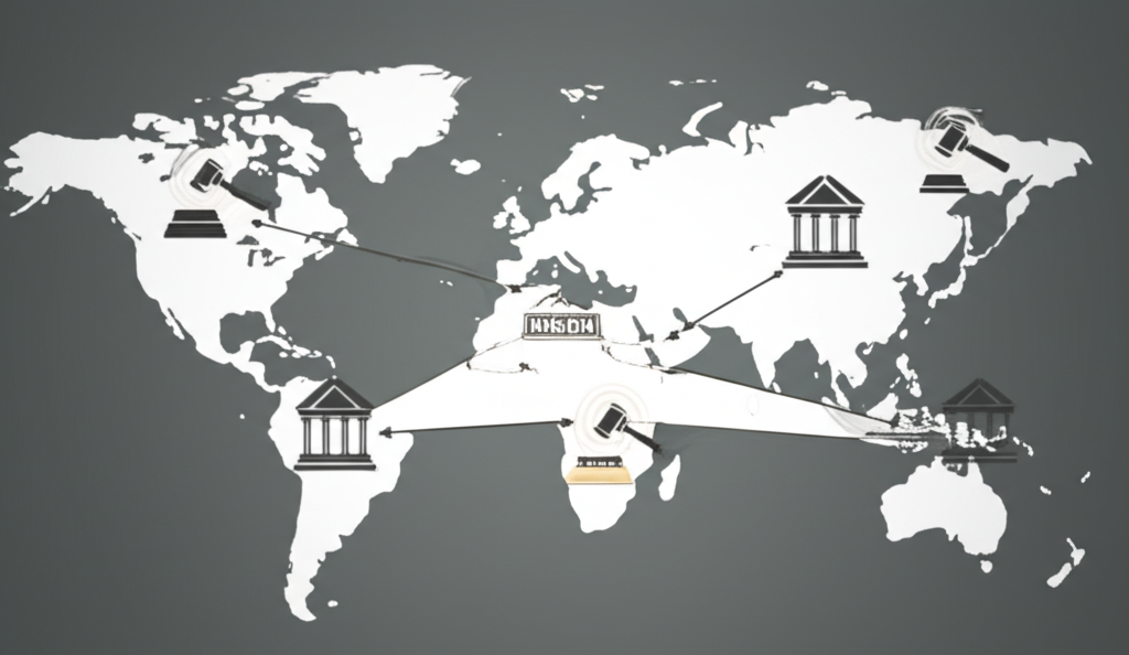 An infographic-style illustration showcasing the concept of jurisdiction. A stylized globe or world map is in the background. Several distinct courthouse icons or legal gavels are strategically placed over different geographic regions (e.g., North America, Europe). Arrows or lines emanate from these legal symbols, pointing to a central abstract 'dispute' icon, emphasizing the power of a specific court or tribunal to hear and decide a case based on its location and authority. The style should be clean, modern, and information-rich.