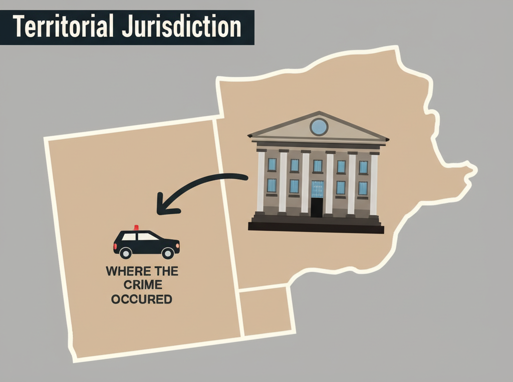 A detailed flat illustration focusing on 'Territorial Jurisdiction.' Show a simplified, generic map of a region (e.g., a state or county outline) with clear, distinct internal boundaries. Within one of these boundaries, depict a small, stylized crime scene (e.g., a police car icon or a 'crime tape' graphic). An arrow or line should connect this crime scene to a prominent, classic courthouse building situated within the same jurisdictional boundary, emphasizing 'where the crime occurred.' The style should be clean and informative with a muted color palette.