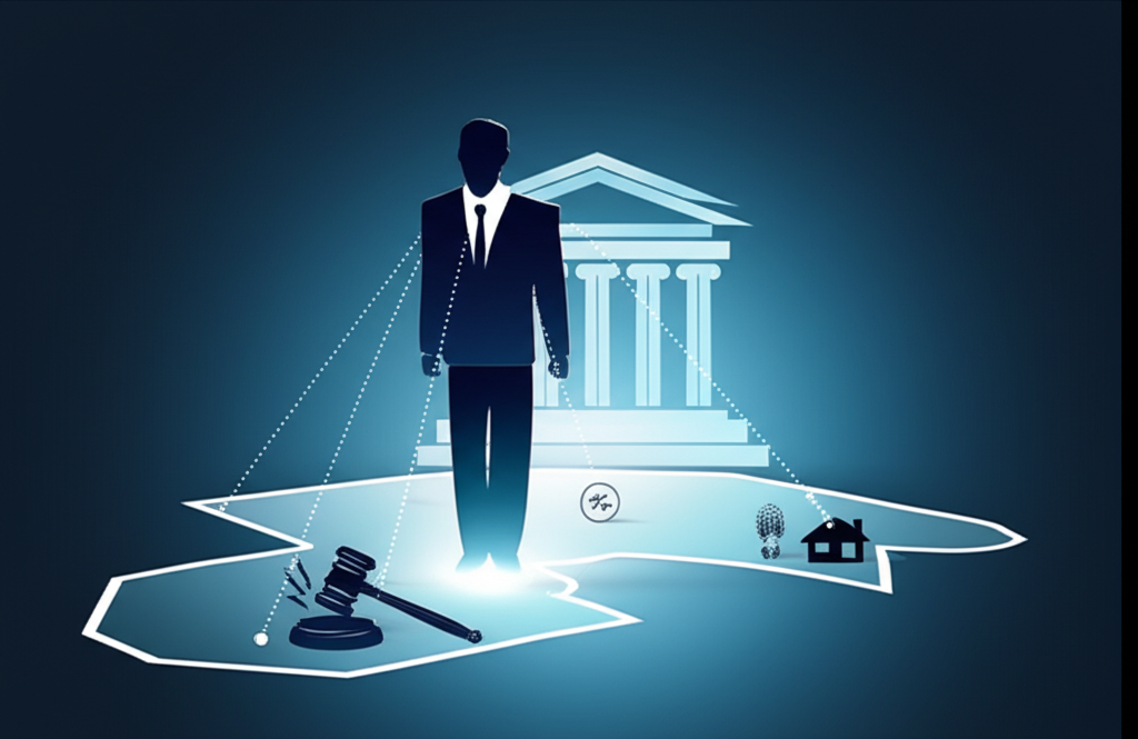 An abstract yet clear vector illustration explaining 'Personal Jurisdiction.' The scene features a shadowy silhouette of a defendant figure positioned on a simplified, glowing outline of a geographical territory or map. Dotted lines or subtle light beams emanate from the defendant, connecting them to various points within the territory, representing 'sufficient connection' through residency, physical presence, or the act of committing a crime. A stylized court building is visible in the background, signifying the court's authority over this individual. Use a sleek, modern design with a focus on connectivity.